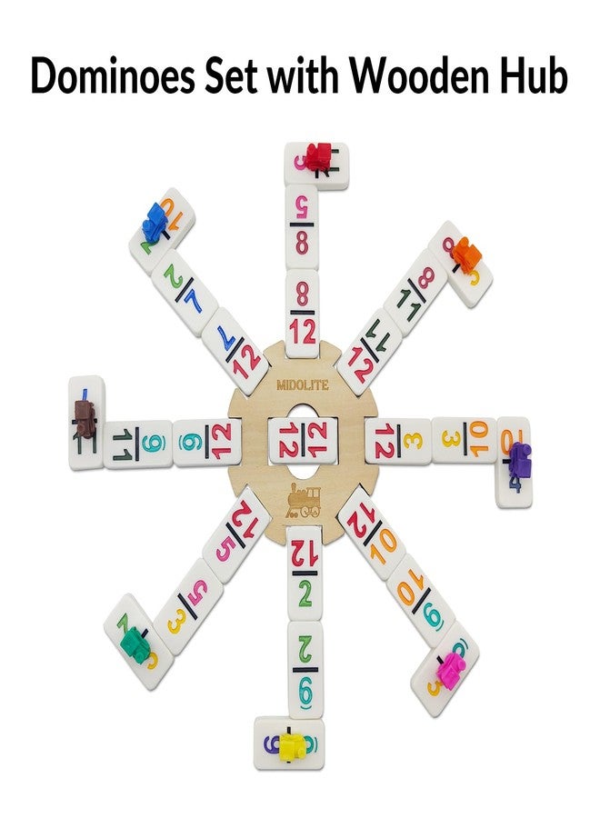 MIDOLITE Mexican Train Dominoes Set with Numbers and 4 Wooden Racks, Double 12 Domino Travel Set with Wooden Hub, 91 Colored Domino Tiles Game Set with for Family Game Night - Image 3